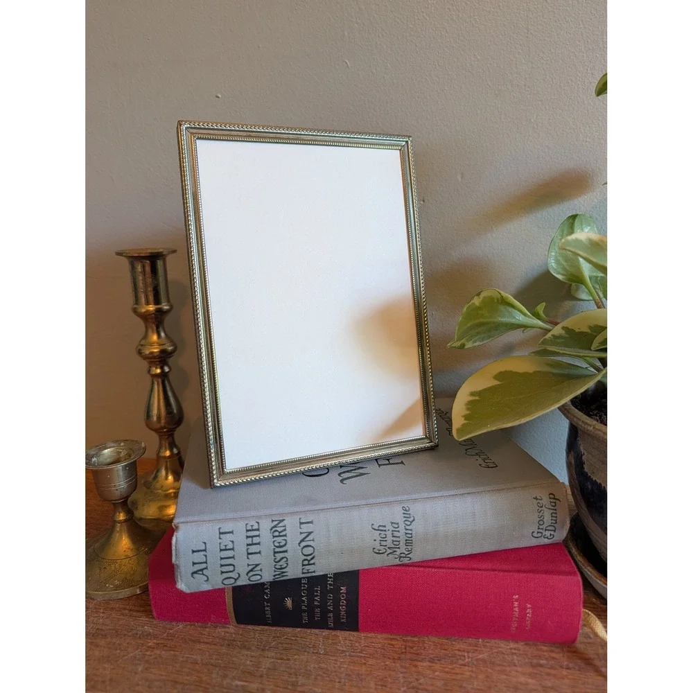 Vintage Gold Tone Beaded Floral Embossed 5x7 Tabletop Picture Frame - NO GLASS